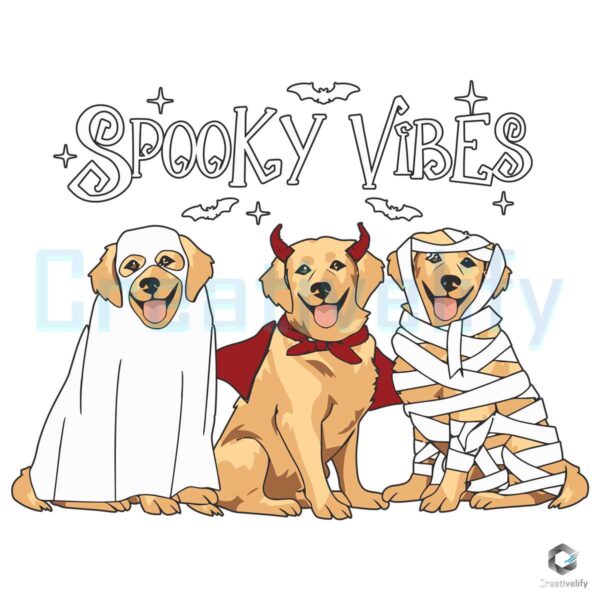hãy viết 290 từ mô tả bằng tiếng anh chuẩn seo và the keyphrase chỉ xuất hiện dưới 3 lần cho title: Free Spooky Vibes Golden Ghost Dog SVG