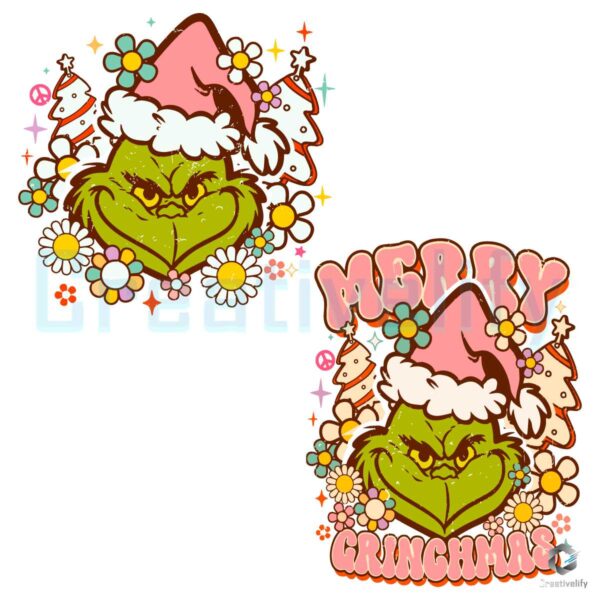 Grinch Face Preppy Retro Pink Christmas SVG Digital File