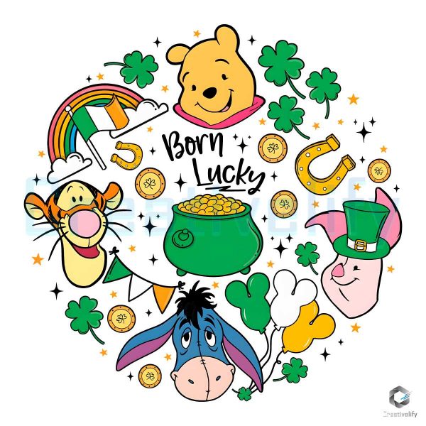 hãy viết 290 từ mô tả bằng tiếng anh chuẩn seo và the keyphrase chỉ xuất hiện dưới 3 lần cho title: Born Lucky Winnie The Pooh Patricks Day PNG