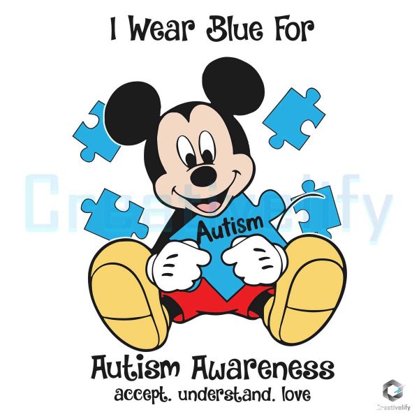 hãy viết 290 từ mô tả bằng tiếng anh chuẩn seo và the keyphrase chỉ xuất hiện dưới 3 lần cho title: Mickey I Wear Blue For Autism SVG File