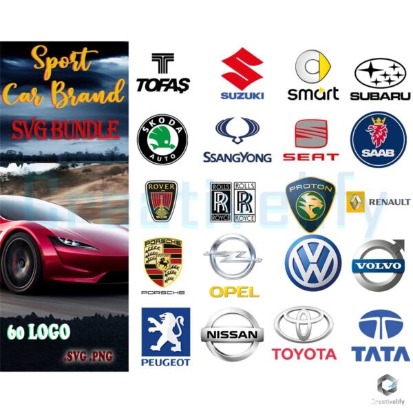 60 Files Sport Car Brand Logo SVG Bundle