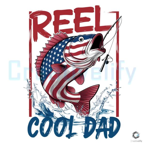 Reel Cool Dad Fishing USA Flag Vintage PNG