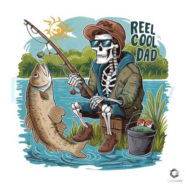 Reel Cool Dad Funny Skeleton Fishing PNG