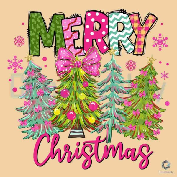 Merry And Bright Colorful Christmas Tree Coquette PNG