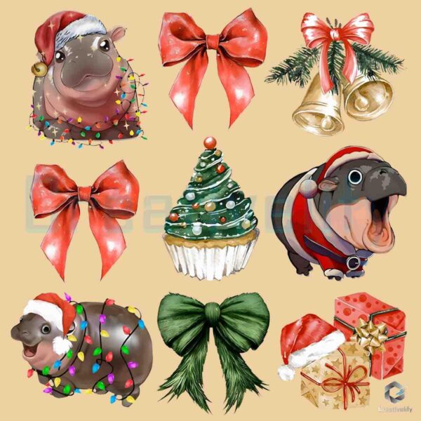 Santa Moo Deng Coquette Bow Christmas PNG