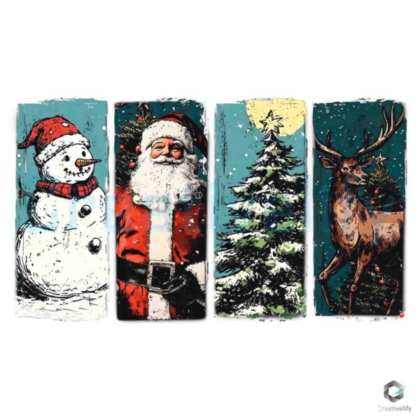 Vintage Christmas Snowman Santa Pine Tree Reindeer PNG