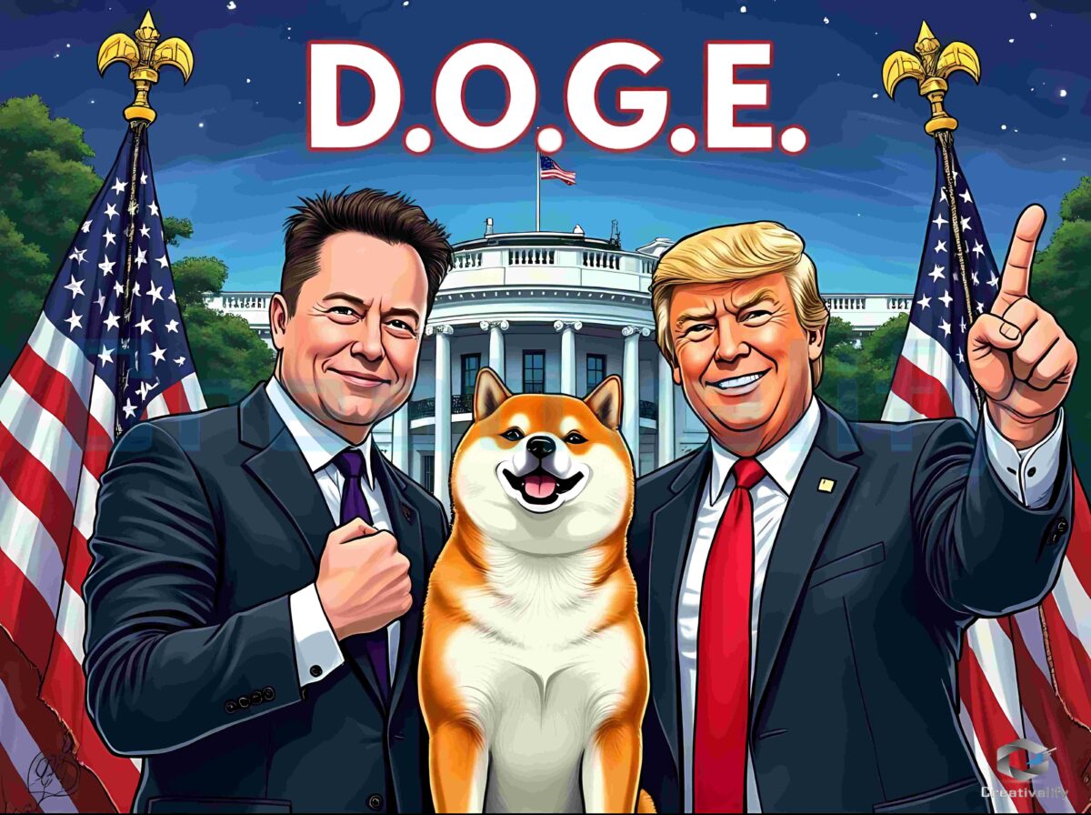 Humorous Trump and Musk with Doge on US Flag PNG