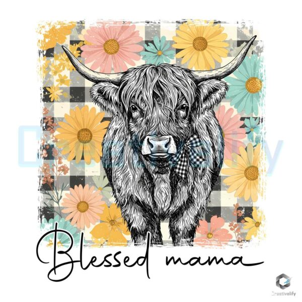 Vintage Blessed Mama Cow Wildflower PNG with Checkerboard