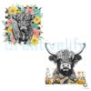 Vintage Highland Cow PNG with Checkerboard Wildflowers