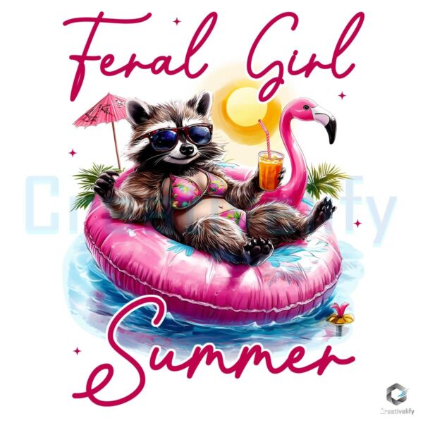 Wild Free Feral Girl Summer PNG with Raccoon and Flamingo