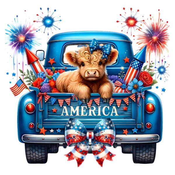 4Th Of July Cute Highland Cow On The American Truck PNG