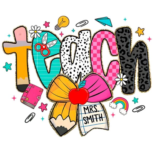 Personalized Preppy Teacher Pencil Coquette Bow Doodle PNG