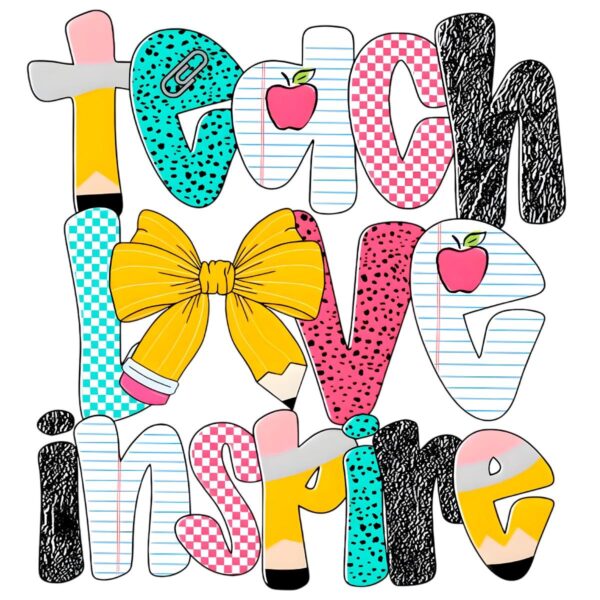 Preppy Teach Love Inspire Teacher Pencil Glitter Doodle PNG