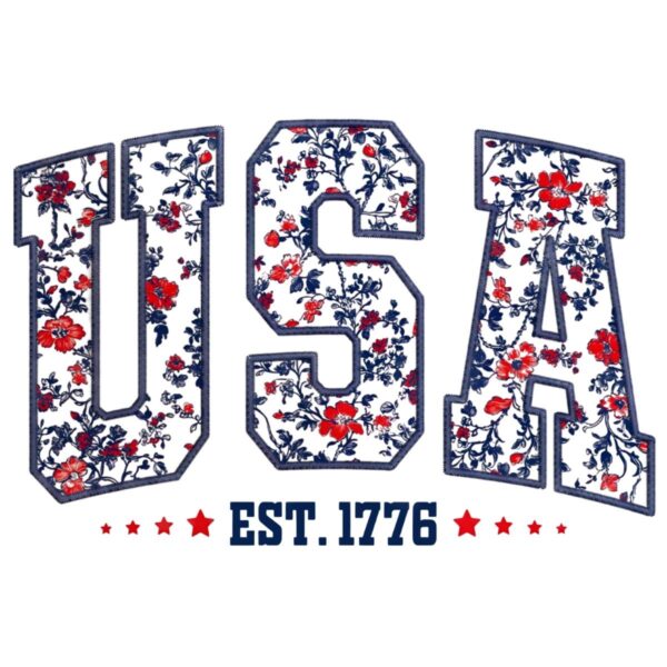 Retro Floral Usa Est 1776 4Th Of July Faux Embroidery PNG