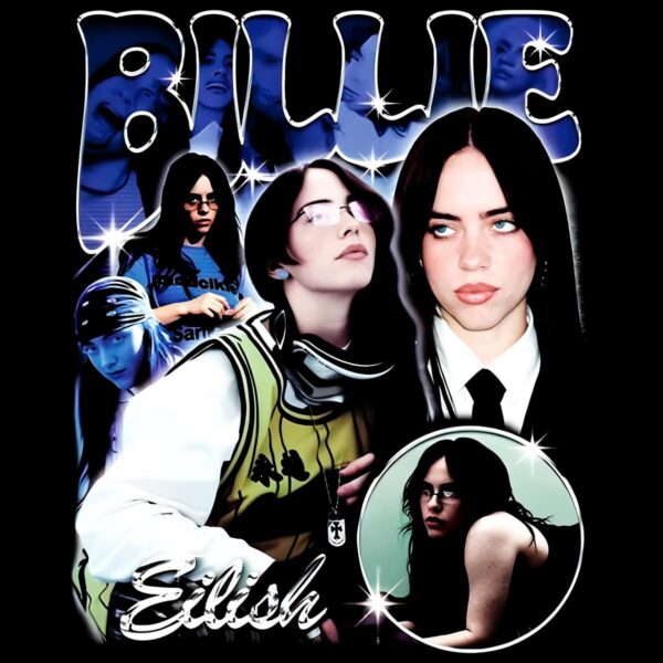 Billie Eilish Dark Hair Multi Pose Retro Sparkle Portrait Graphic PNG
