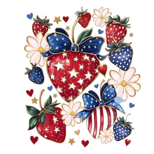 Boho Glitter 4Th Of July Strawberry Patriotic Bow PNG