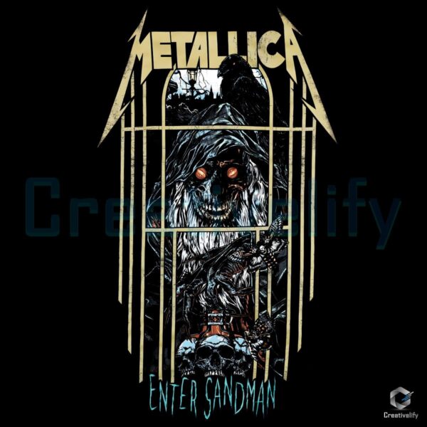 Retro Metallica Enter Sandman Pinball Art Creepy Skull Raven Graphic PNG