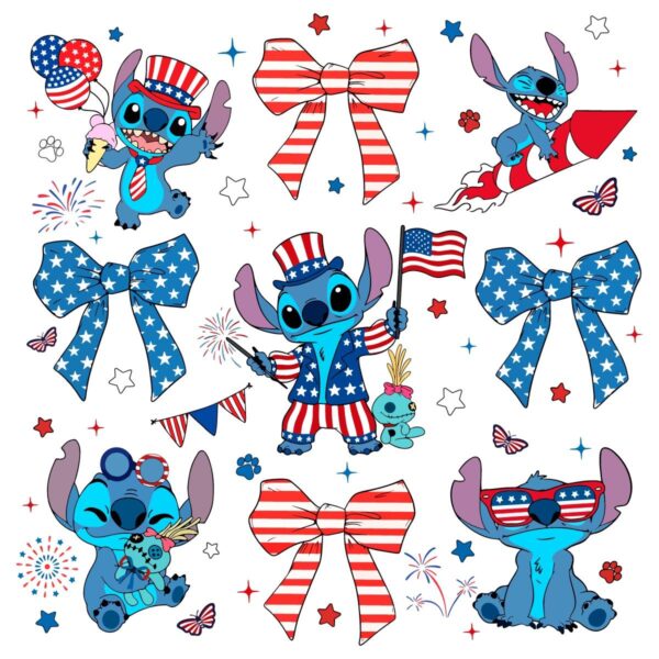 Stitch 4Th Of July Patriotic Bows And Fireworks PNG