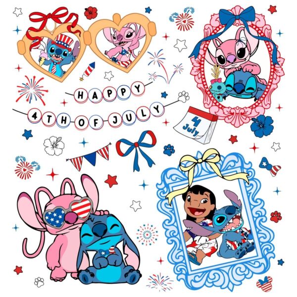 Stitch And Friends Happy 4Th Of July Coquette Bow PNG