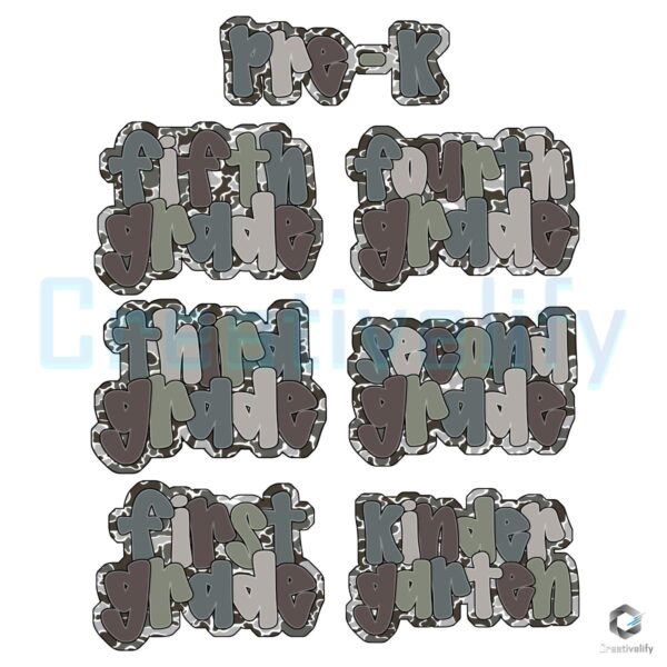 Camo Back To School Prek Kindergarten First Second Third Fourth Fifth Grade PNG Bundle