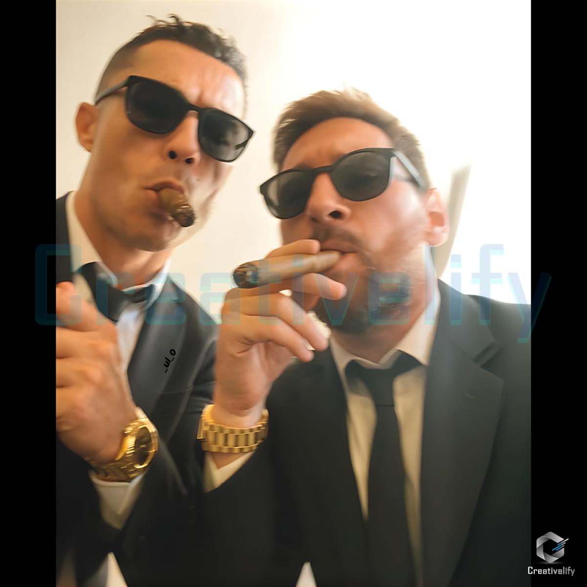 Cristiano Ronaldo Lionel Messi Cool Suit Cigar Boss Style PNG Cristiano Ronaldo Lionel Messi Cool Suit Cigar Boss Style PNG