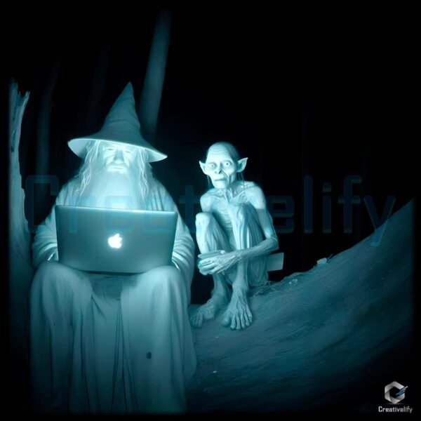 Gandalf And Gollum Using Laptop Meme Funny Night Scene PNG
