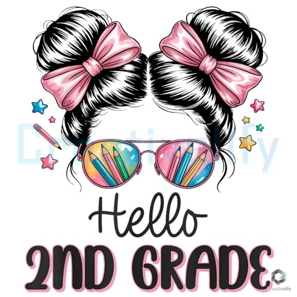 Hello Second Grade Girl Hair Pencil Sunglasses Pink Bow Back To School PNG