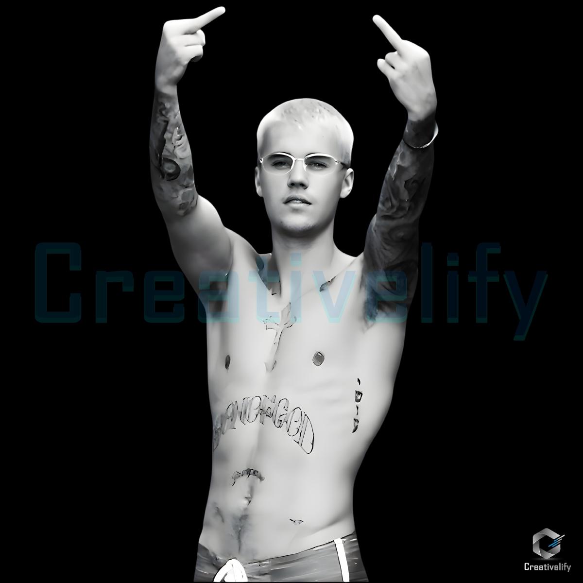 Justin Bieber Tattoo Shirtless Middle Finger Pose PNG Justin Bieber Tattoo Shirtless Middle Finger Pose PNG