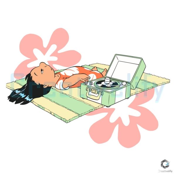 Lilo Relaxing On Beach Mat With Record Player Summer Vibes Cartoon SVG