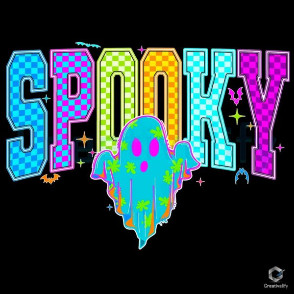 Neon Checkered Ghost Retro Spooky Halloween PNG