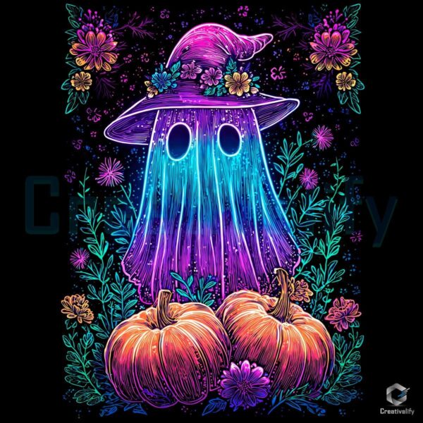 Neon Witchy Ghost Pumpkin Floral Spooky Season Retro Halloween PNG