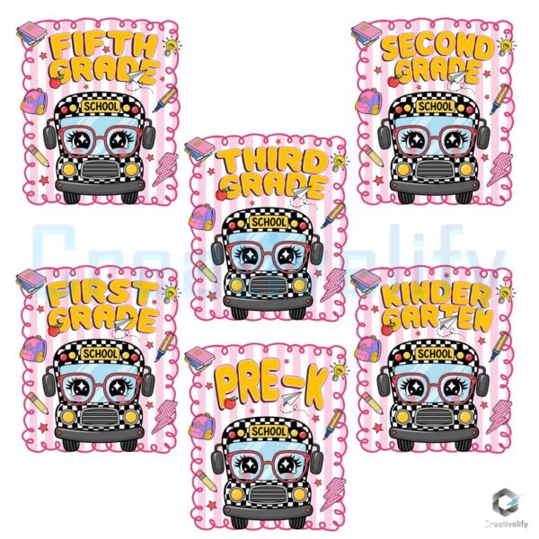 Preppy Back To School Cute Bus Girl Teacher Grade Level PNG Bundle