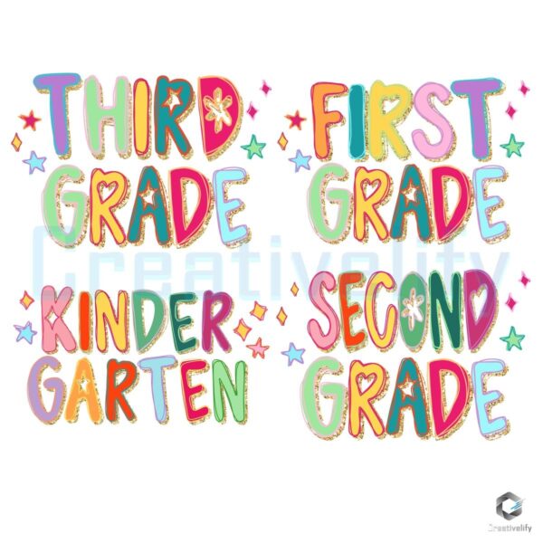 Retro Back To School Colorful Letter Kindergarten First Second Third Grade PNG Bundle