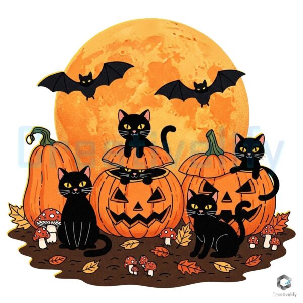 Retro Black Cat Pumpkin Full Moon Halloween Autumn Scene PNG