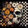 Retro Floral Checkered Grunge Halloween Skull PNG