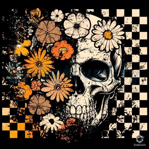 Retro Floral Checkered Grunge Halloween Skull PNG