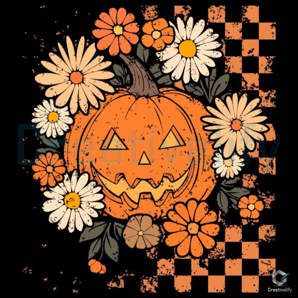 Retro Grunge Pumpkin Floral Checkered Fall Halloween PNG