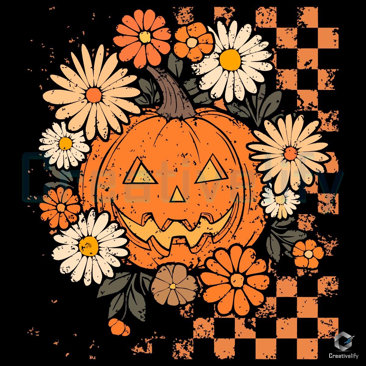 Retro Grunge Pumpkin Floral Checkered Fall Halloween PNG Retro Grunge Pumpkin Floral Checkered Fall Halloween PNG