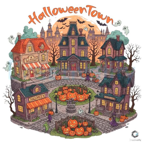 Spooky Pumpkin Town Halloween Retro Ghost Scene PNG
