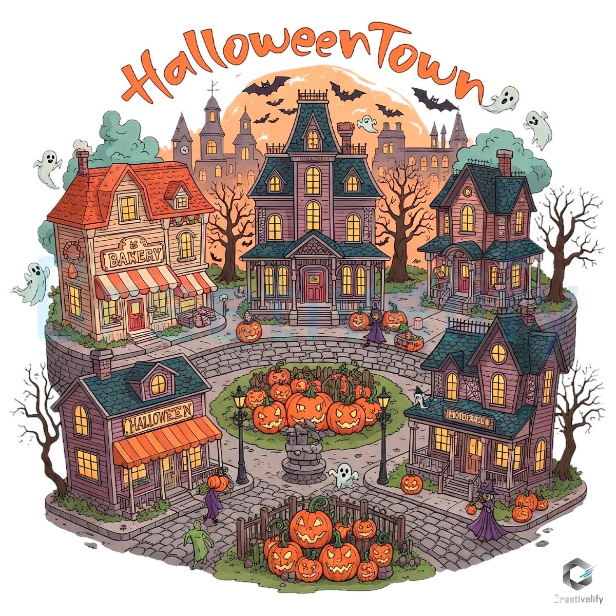 Spooky Pumpkin Town Halloween Retro Ghost Scene PNG Spooky Pumpkin Town Halloween Retro Ghost Scene PNG