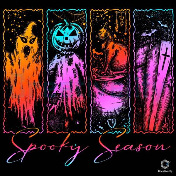 Spooky Season Retro Horror Ghost Pumpkin Cat Coffin PNG