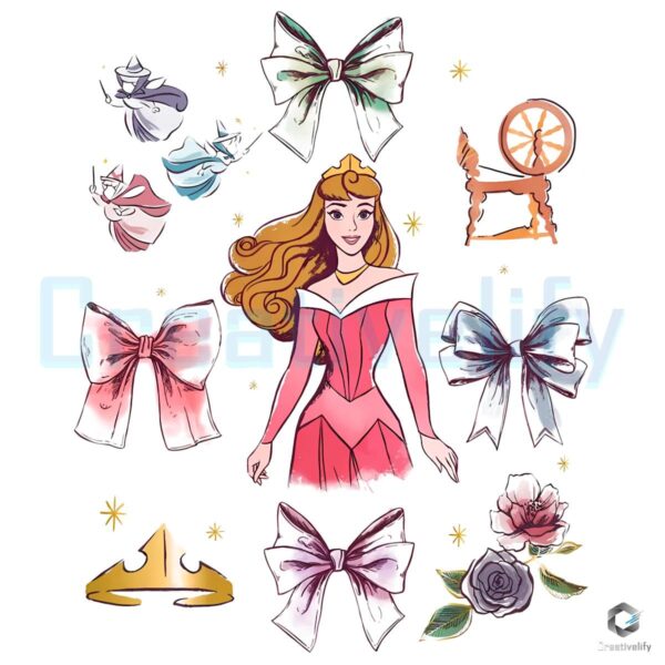 Aurora Princess Bows Crown Spinning Wheel Rose Graphic PNG