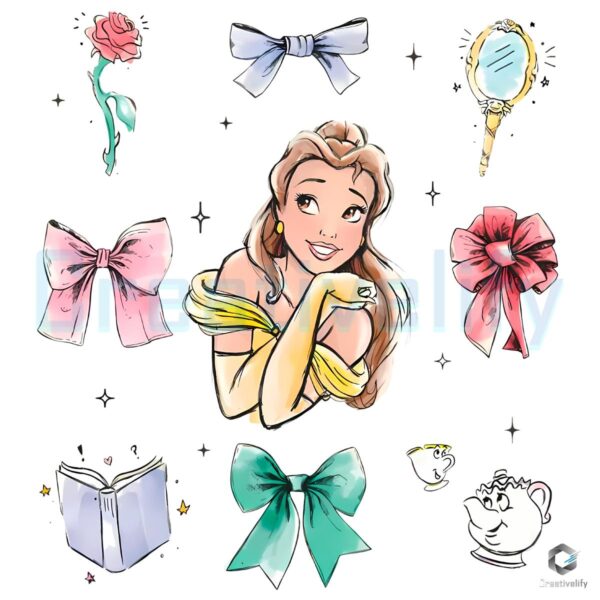 Belle Princess Bows Rose Book Teacup Mirror Graphic PNG
