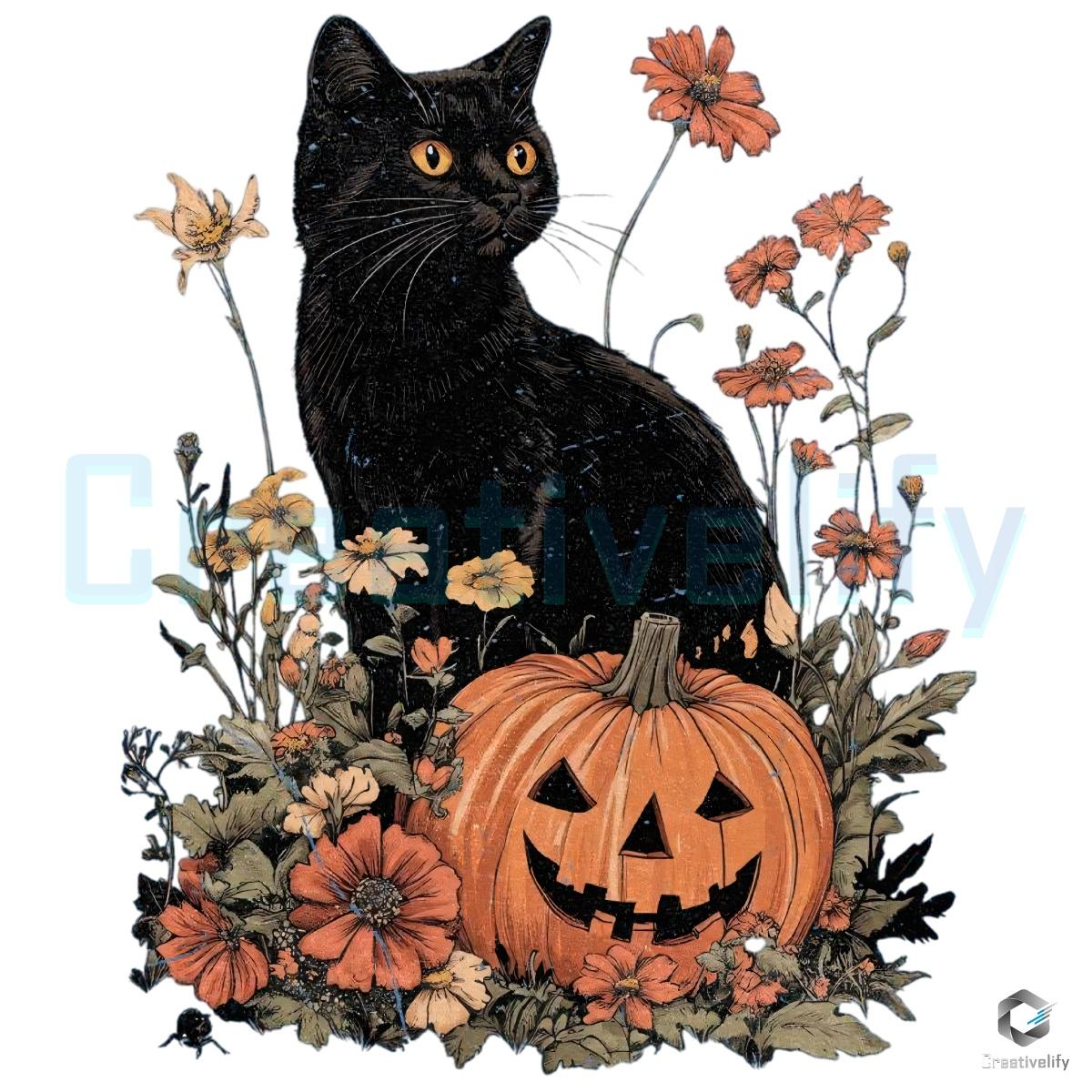 Black Cat Pumpkin Halloween Floral Spooky Season PNG Black Cat Pumpkin Halloween Floral Spooky Season PNG