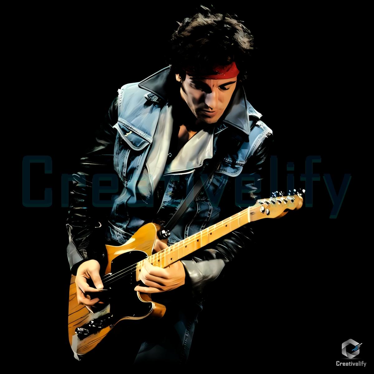 Bruce Springsteen Denim Vest Guitar Rock Legend Concert Performance PNG Bruce Springsteen Denim Vest Guitar Rock Legend Concert Performance PNG