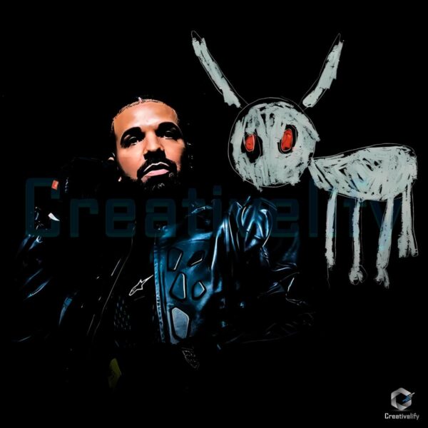 Drake Vintage Leather Jacket Bunny Sketch Graphic PNG