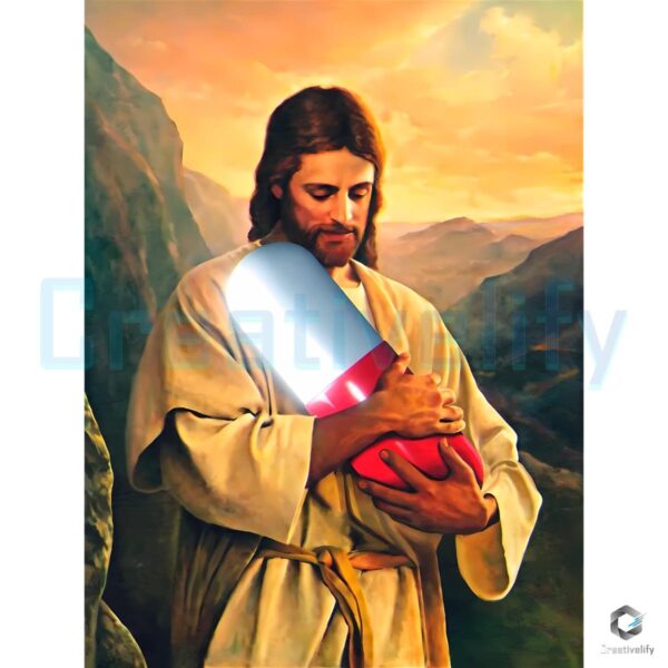 Jesus Embracing Giant Pill Vintage Christian Art PNG