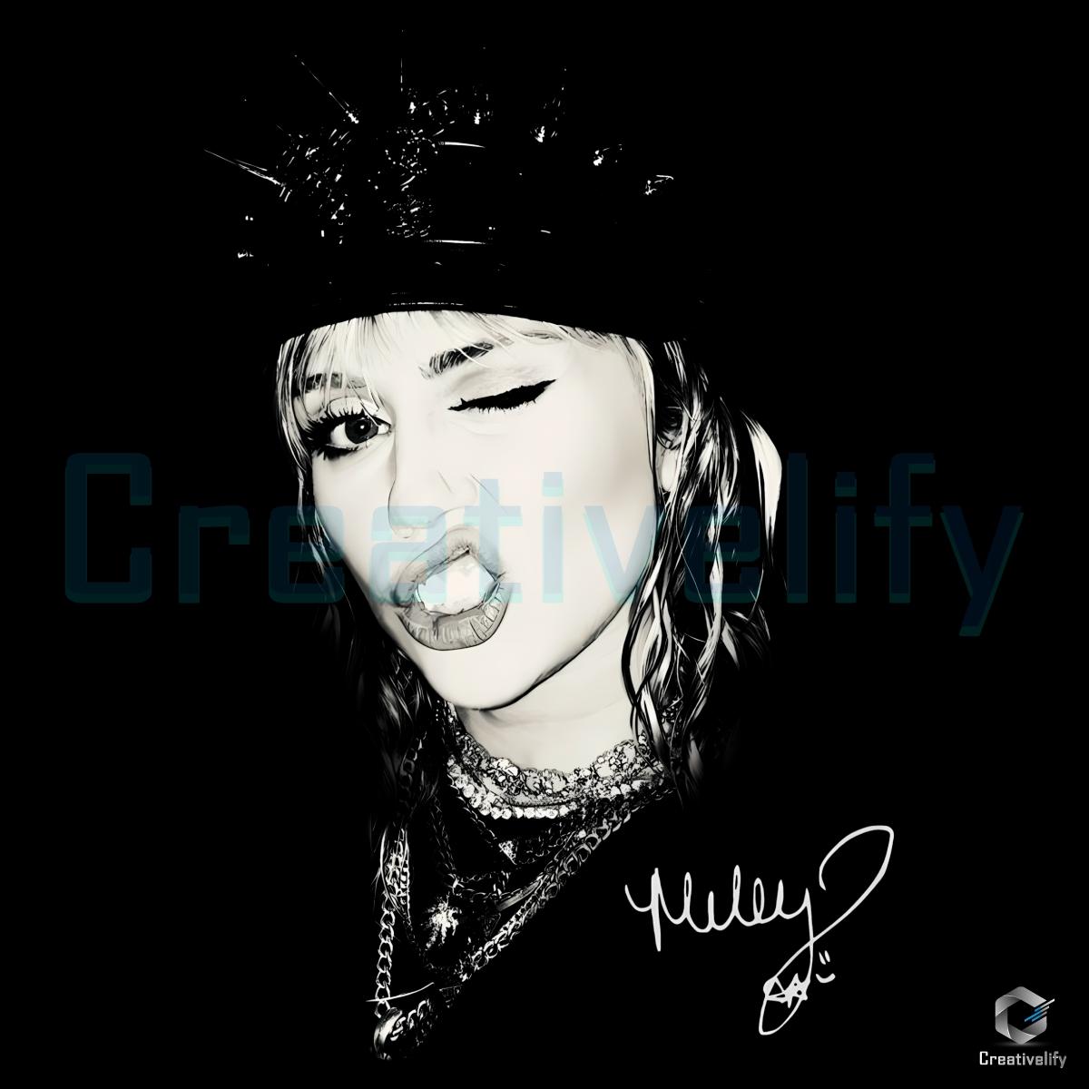 Miley Cyrus Black Crown Winking Face Monochrome Portrait PNG Miley Cyrus Black Crown Winking Face Monochrome Portrait PNG