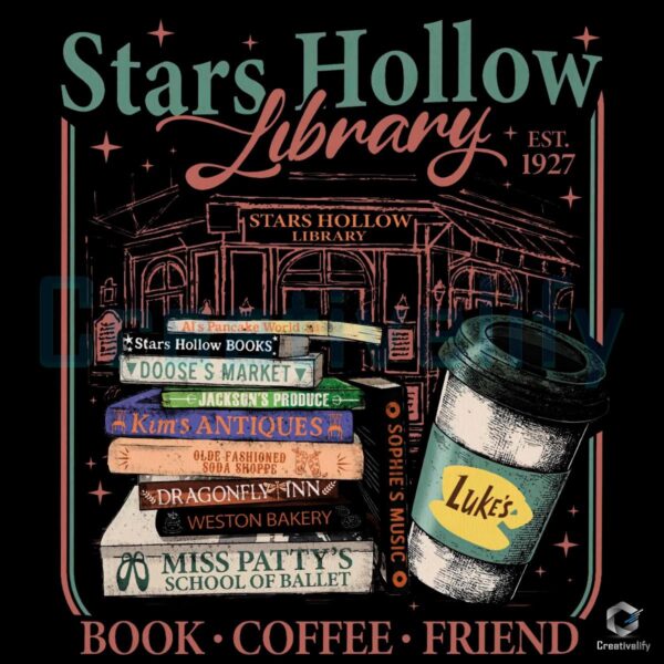 Stars Hollow Library Gilmore Girls Retro Vintage Coffee Book Illustration PNG