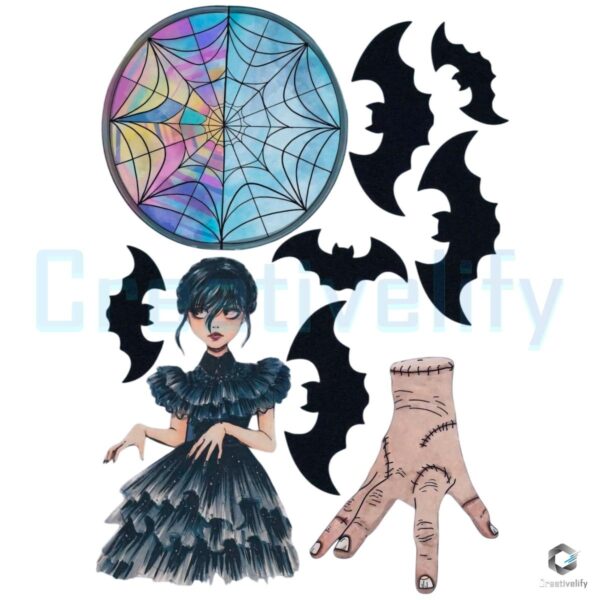 Wednesday Addams Gothic Creepy Cute Hand Bat Spiderweb Halloween PNG